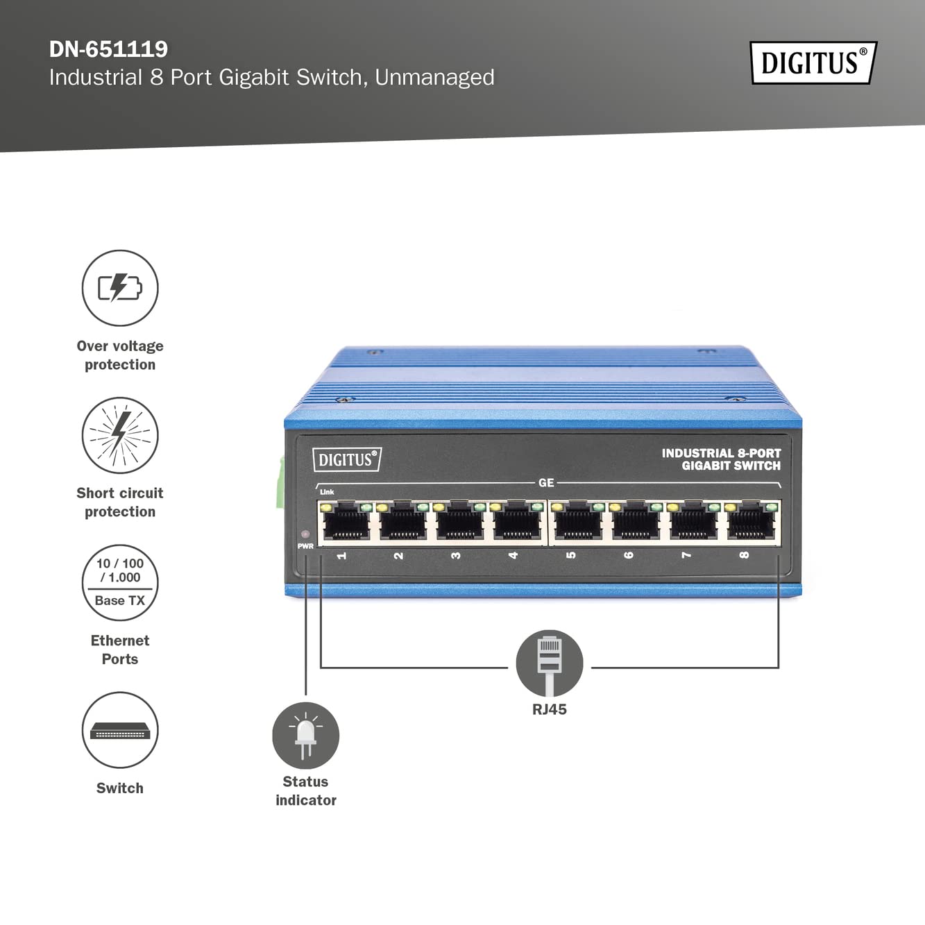 DIGITUS Conmutador de Red - Gigabit Ethernet de 8 puertos - Montaje en carril DIN - Bloque de terminales - Sin ventilador - Negro/Azul