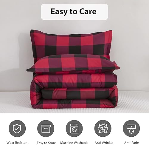 Miniatura 5 de LUCKYBULL Juego de edredón tamaño matrimonial de 3 piezas, juego de ropa de cama esponjoso a cuadros rojos, edredón alternativo a cuadros de búfalo