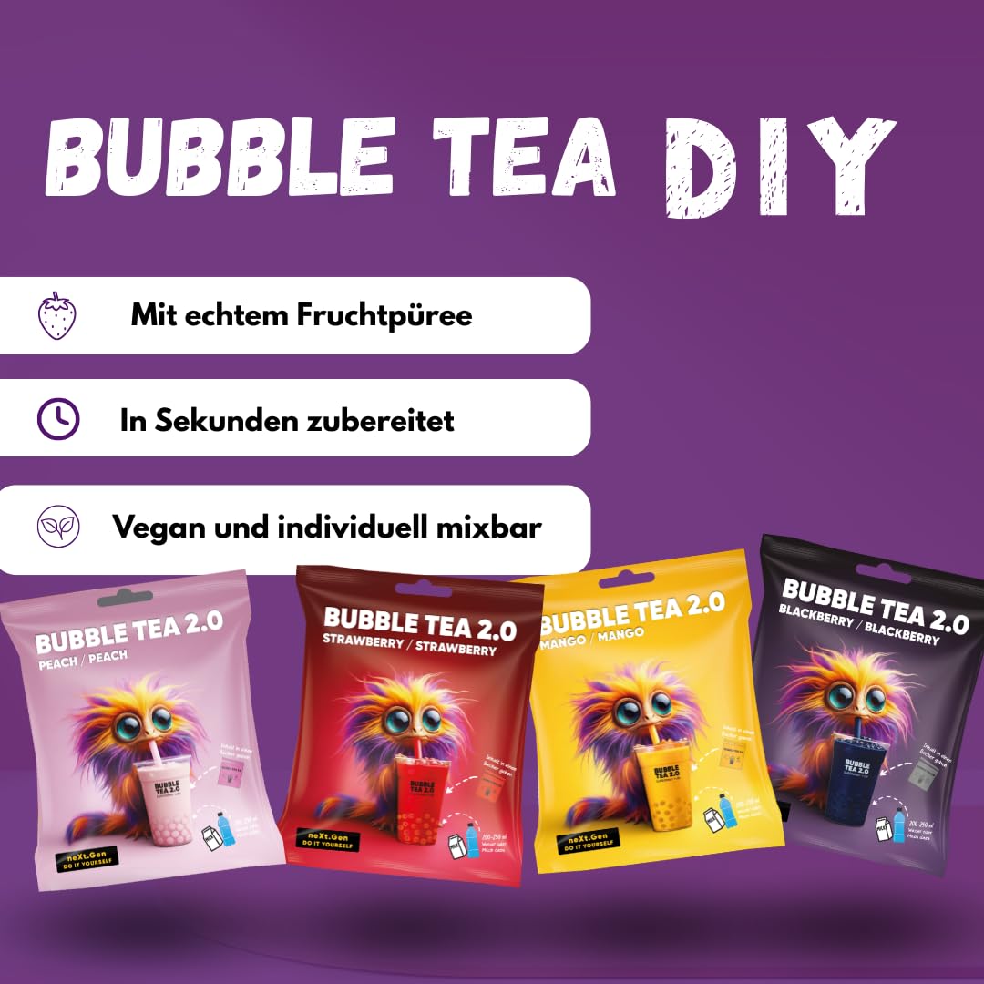 Bubble Tea 2.0 Party Set Erdbeere Pfirsich Mango Brombeere 10x Instant Bubble Tea mit Becher Deckel Strohhalme