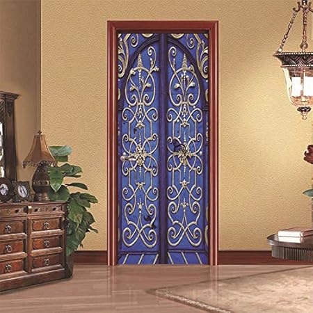 Amazon Yanqiao ドア用のステッカー クラシックドア ブルー 3ｄ ステッカー 立体的 光煌かす 壁紙 カッコイイ 欧米スタイル 高品質 おしゃれ 防水 防潮 ウォールステッカー オンライン通販