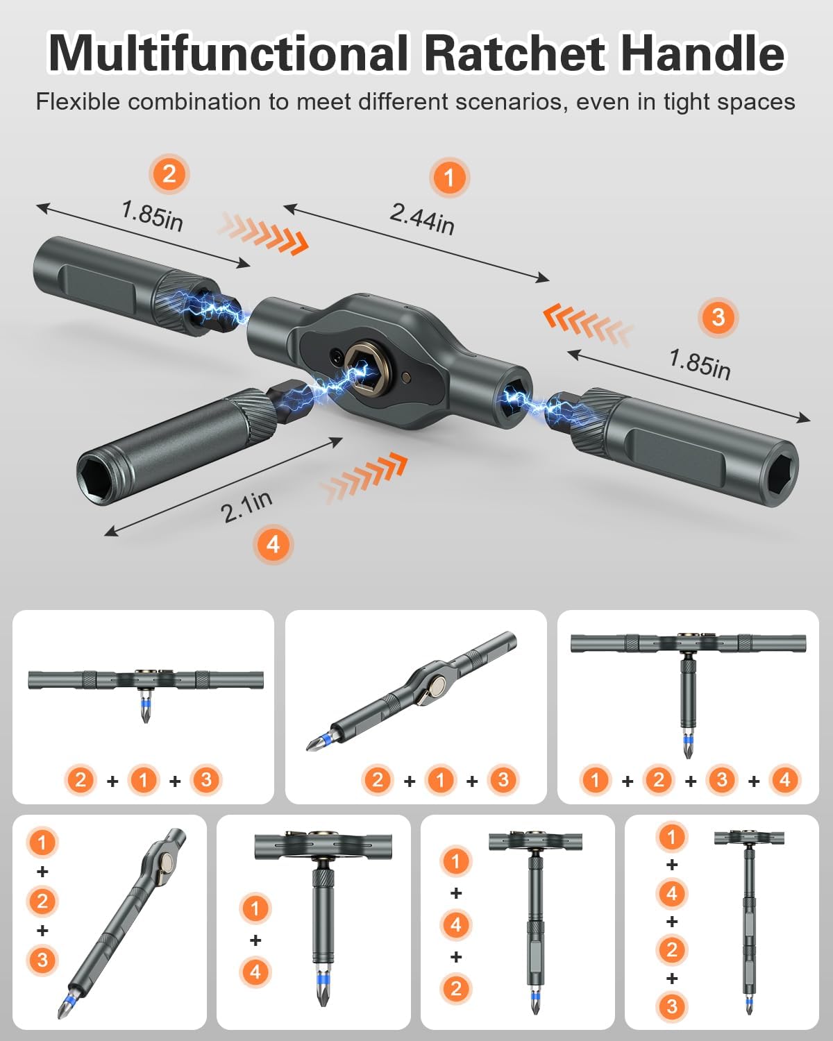 34 in 1 Magnetic Screwdriver Set, Ratcheting Screwdriver Set with 1/4″ Socket Adapter, 24 Bits & 7 Hex Sockets, Modular Handle, DIY Tool Kit for Furniture, Appliance, Bicycle, Auto Repairs - Image 3