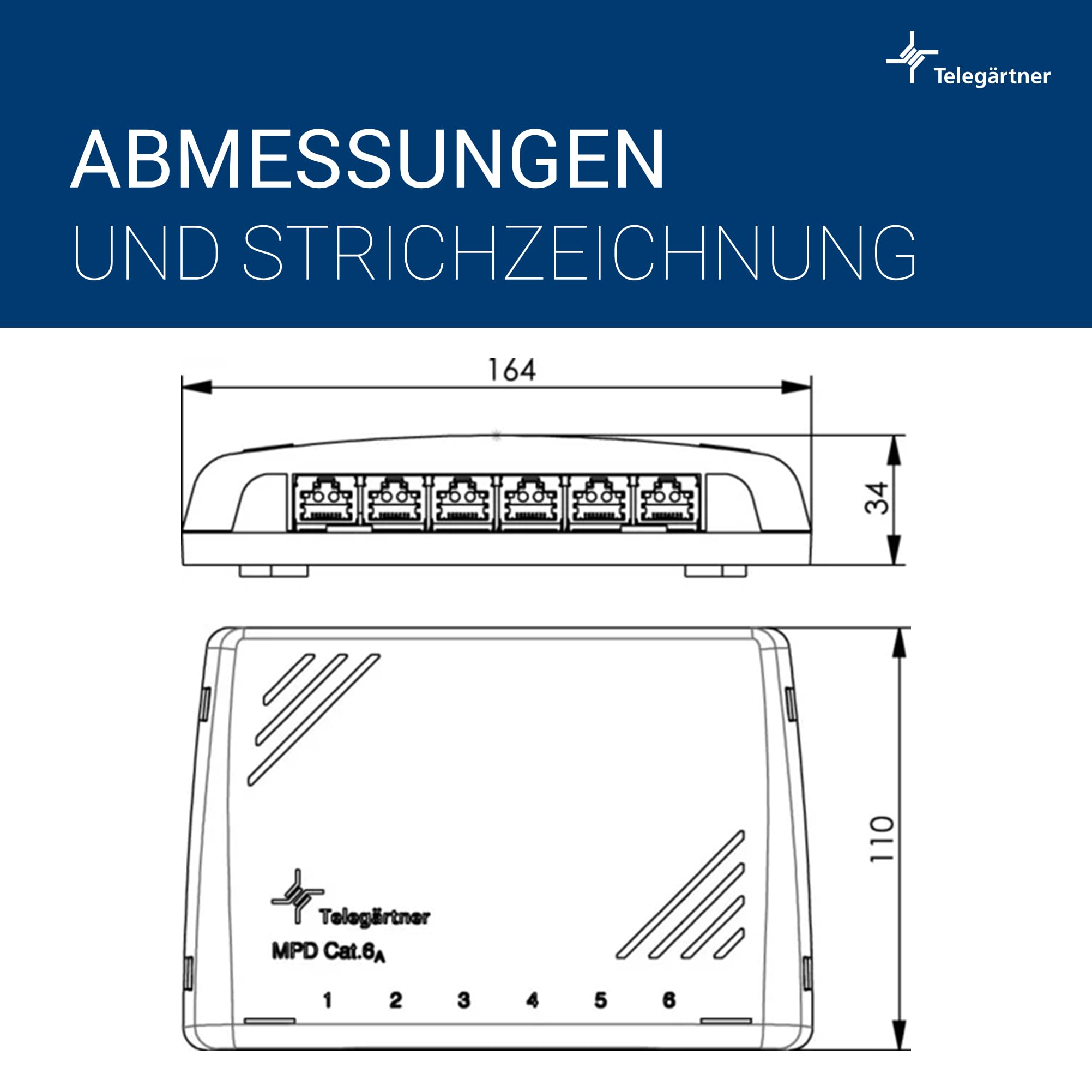 TELEGÄRTNER J02021A0051 Modular Patch Verteiler Kat.6A (tief), 6X RJ45 | 6-fach RJ45 Patchpanel, 360° Schirmung, LSA-Anschluss T568A/B, werkzeugfreie Montage, bis 10 Gbit/s & PoE+ geeignet