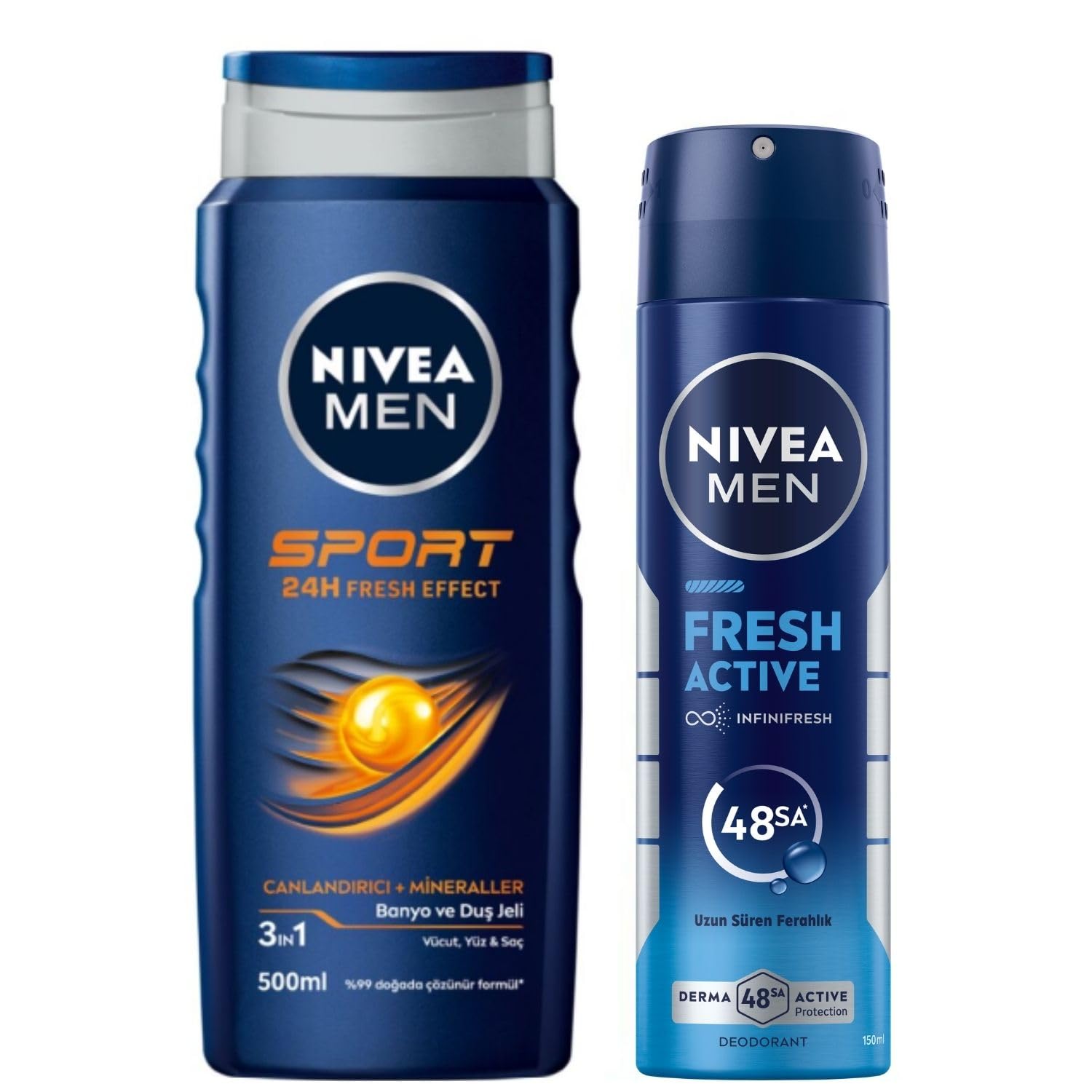 NIVEA MEN Erkek Sports Duş Jeli, 500 ml+ NIVEA MEN Erkek Sprey Deodorant Fresh Active 150 ml