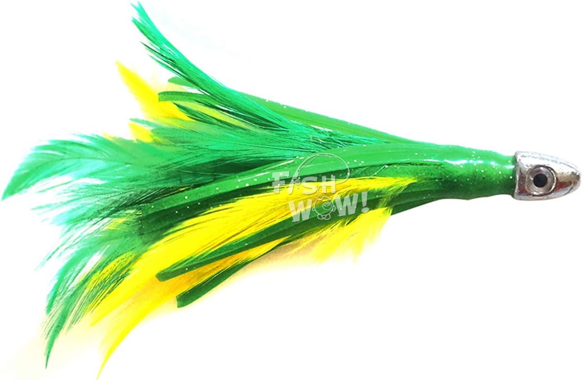 5pcs Fish WOW!® 4" mini Feather 1/2oz Bullet Chrome Head Trolling Tuna Lure Squid Skirts - Green Yellow Chartreuse
