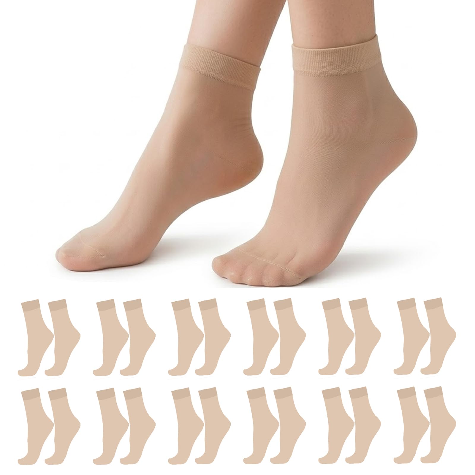 Eirian 12 Pairs Women's Sheer Ankle Socks Transparent Nylon, Silky Breathable Hosiery, Comfortable Pop Socks for Short Dresses Daily Wear,Nude