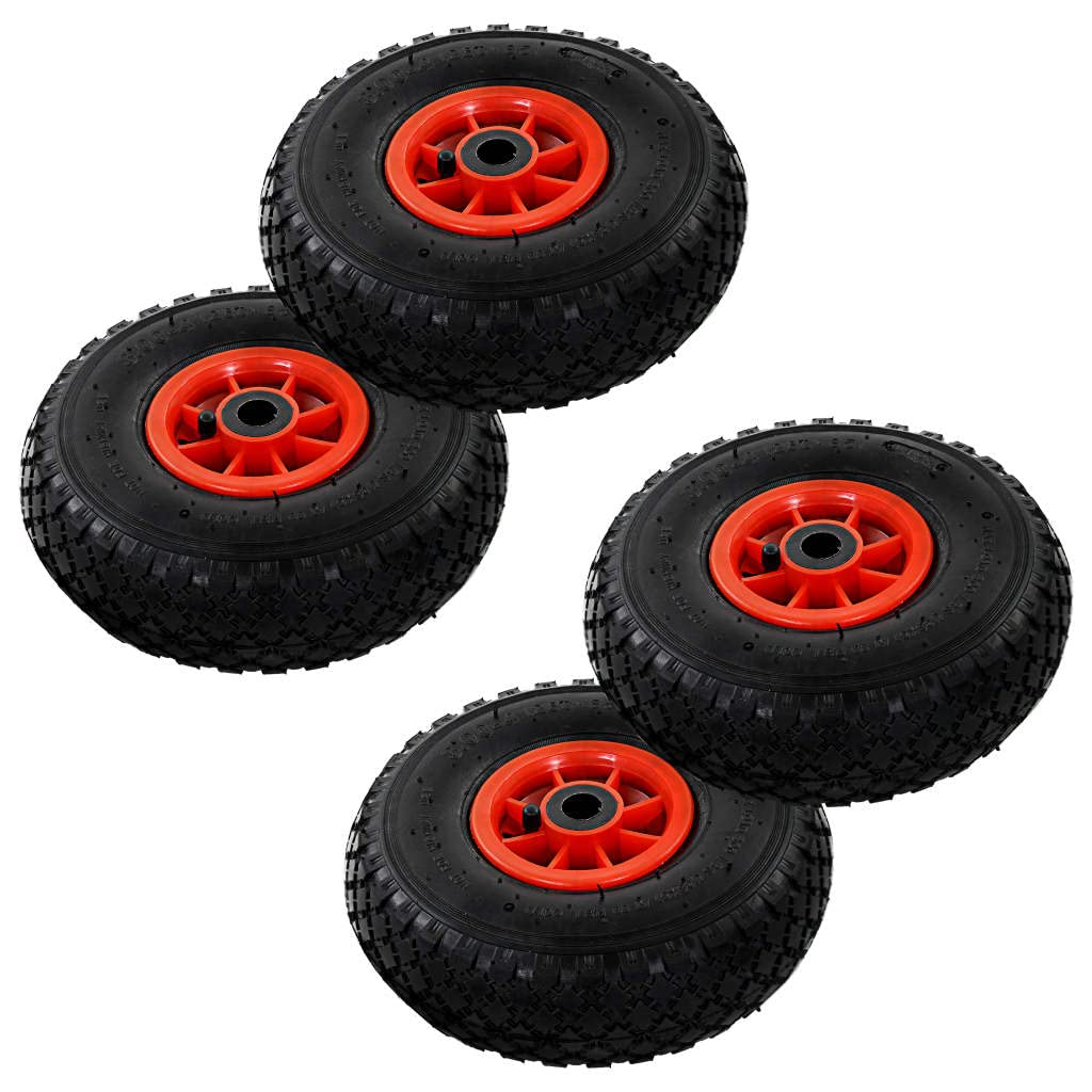 Ruedas para carretilla (4 unidades, goma 3.00-4, 245 x 82, con llantas de plástico, rodamientos de rodillos de 20 mm, capacidad de carga de 100 kg por rueda, para carretilla de mano, carros