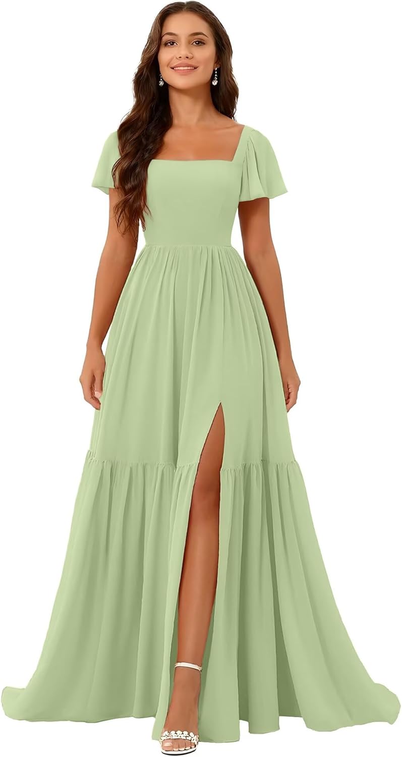 Chiffon Bridesmaid Dresses Square Neck Mother of Bride Gowns Thigh Slit Formal Prom Evening Dress with Sleeves