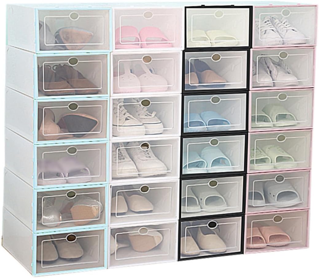 6PCS Thickened Transparent Stackable Shoe Storage Boxes for Women White Plastic Shoe Containers with Space-saving Design for Closet Organization