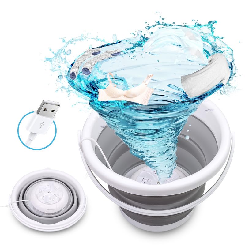 Mini Lavadora, Lavadora de Turbina Ultrasónica con Alimentación USB, Tina de Lavandería Plegable de 6L para Viajes a Casa, Lavadora Portátil para Calcetines, Ropa Interior, Sujetador
