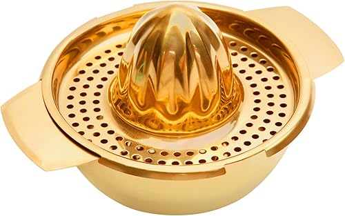 Snailhouse Exprimidor de limón, de acero inoxidable, de metal, cítricos, naranja, lima, jugo de fruta, manual con colador y cuenco, color dorado