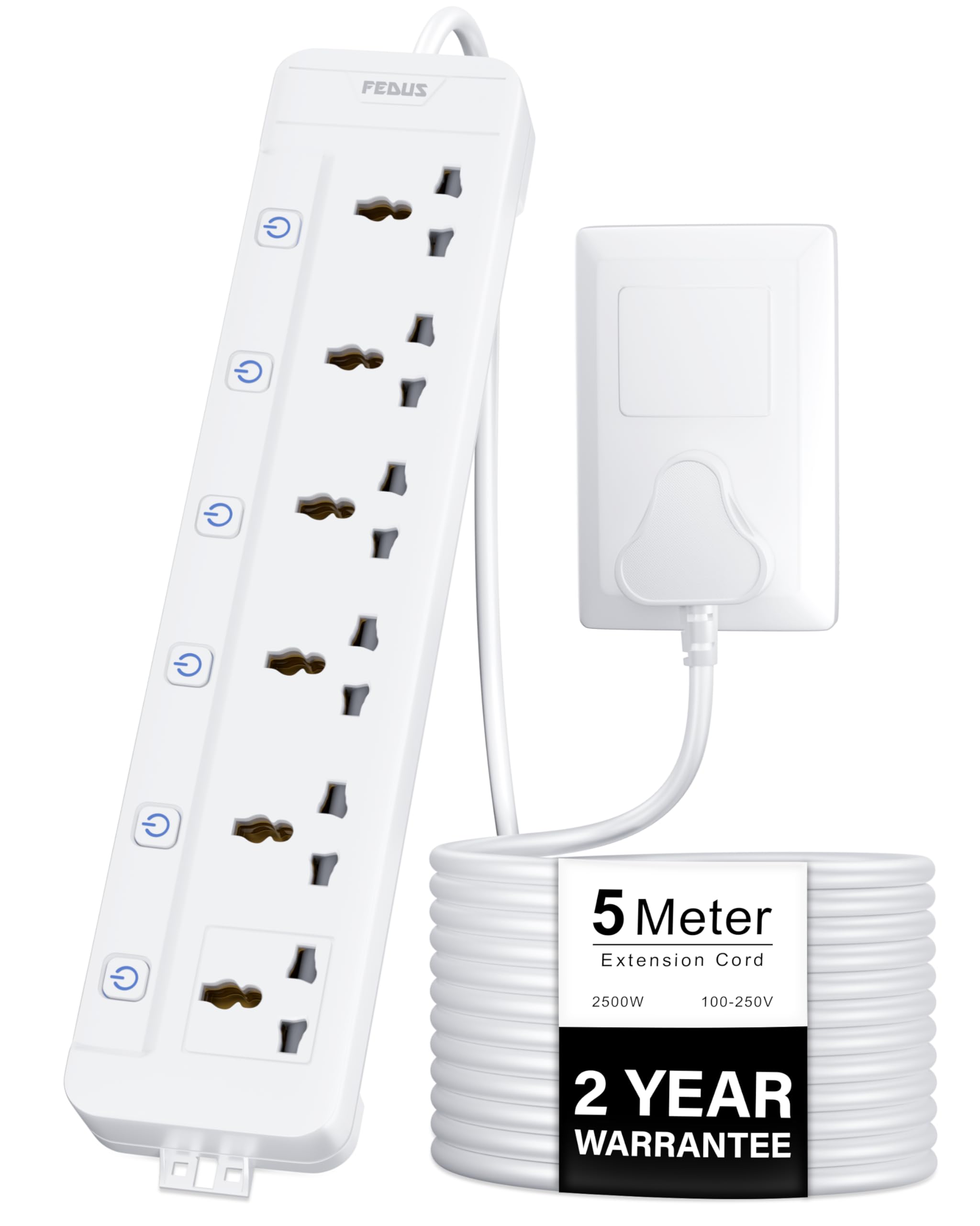 FEDUS Surge Protector, 6 Universal Sockets with Individual Switch, 5 Meter 16 Feet Long Cable, Extension Board Cord, Automatic Overload Protection, Fireproof Power Strip Switch Board, Spike Guard