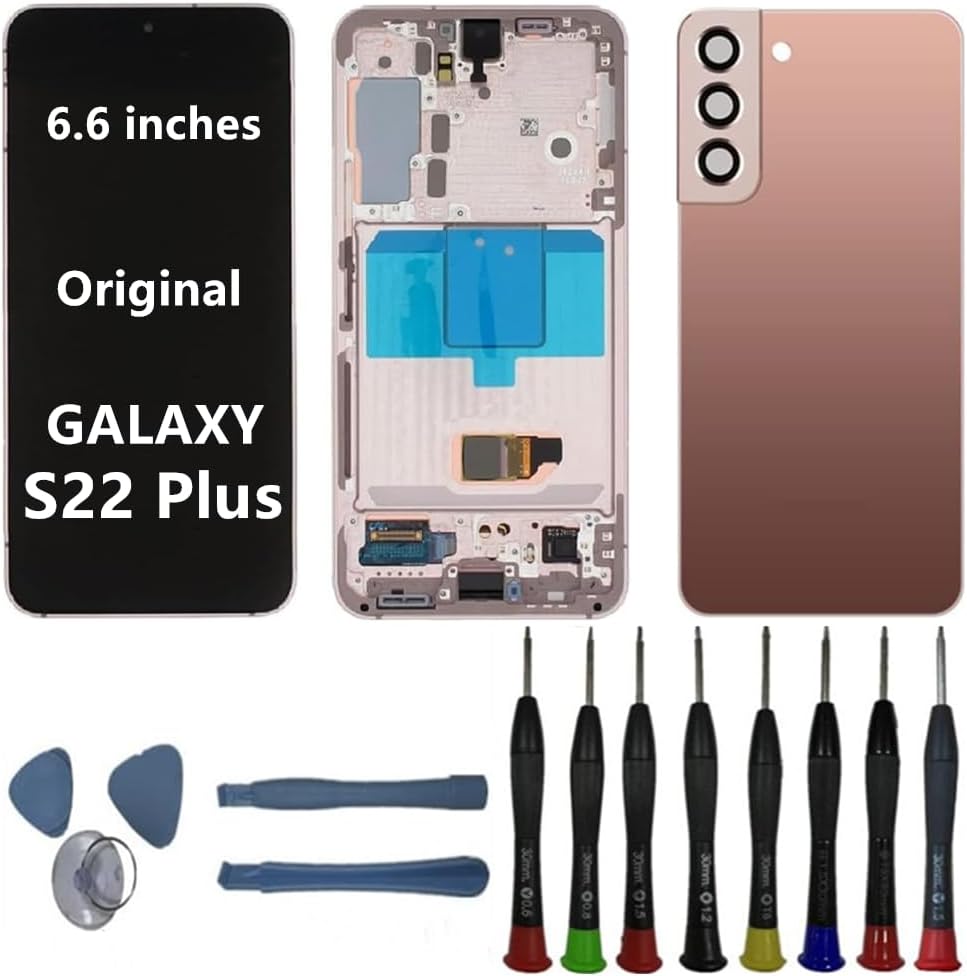 6.6" AMOLED Original for Samsung Galaxy S22 Plus Display Touch Screen Digitizer Assembly S22plus 5G SM-S906U SM-S906B SM-S906E Screen Replacement (with Black Frame+Back Cover+Tools)