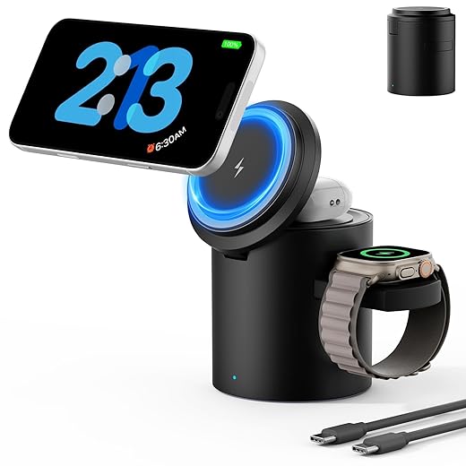 2026 Foldable 3 in 1 Wireless Charging Station,for Apple Magsafe Charger Stand,Fast Magnetic Wireless Charger Station for iPhone 1716 15 14 13 12 Series,Airpods Pro,Apple Watch Ultra Series（Black）