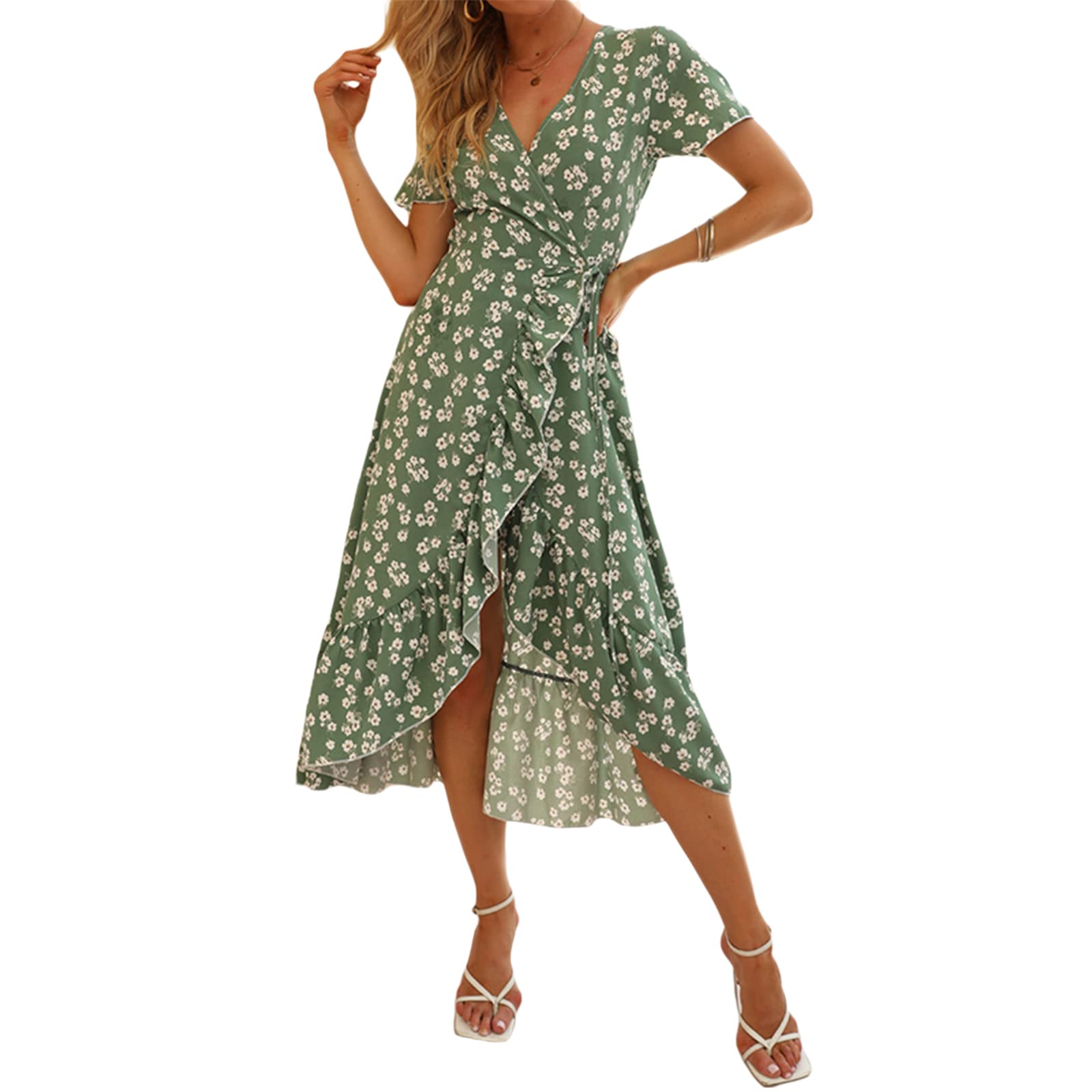 Mododer Womens Summer Beach Maxi Dresses Boho Dress Casual V NeckBoho Floral Polka Dot Wrap Flowy Beach Dresses