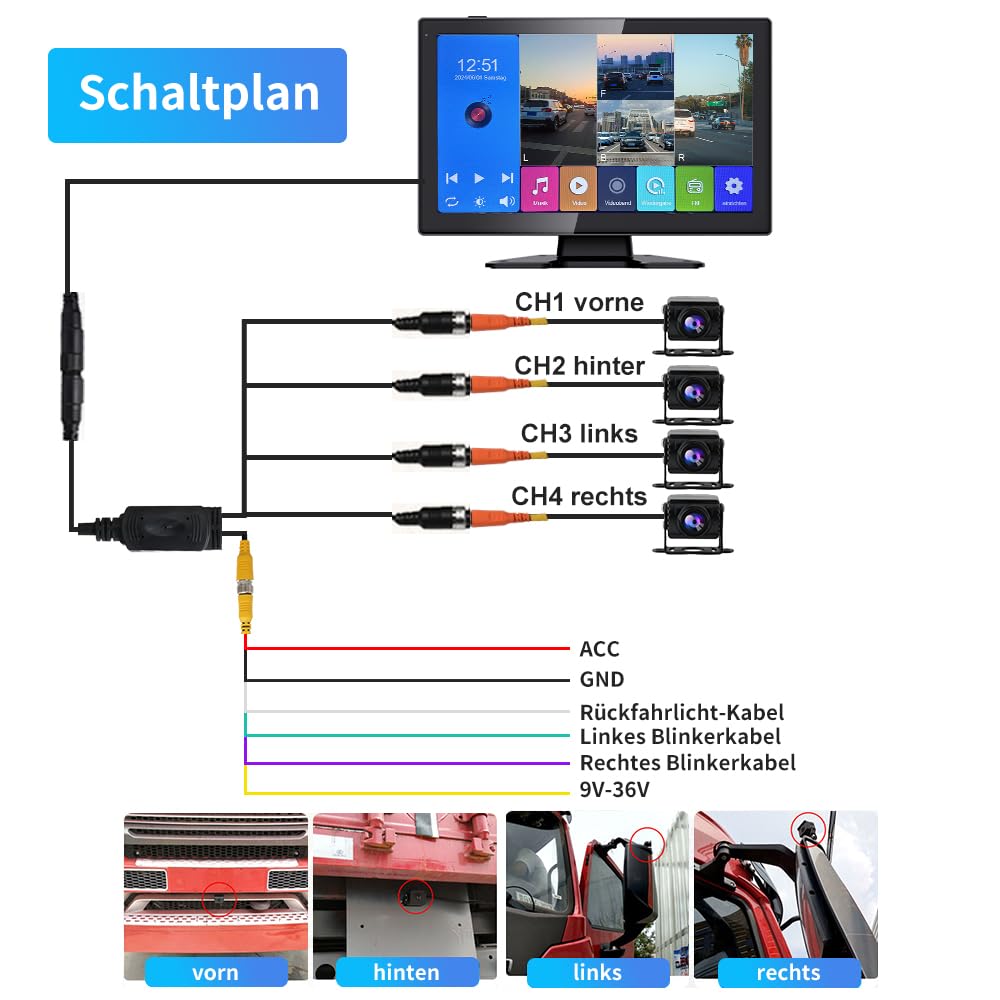 Junsun Rückfahrkamera 4 Kameras mit 10,1 Zoll Geteiltem Bildschirm HD Rückfahrmonitor für Auto, LKW, Bus & Wohnmobil, Rückfahrassistent, Dashcam