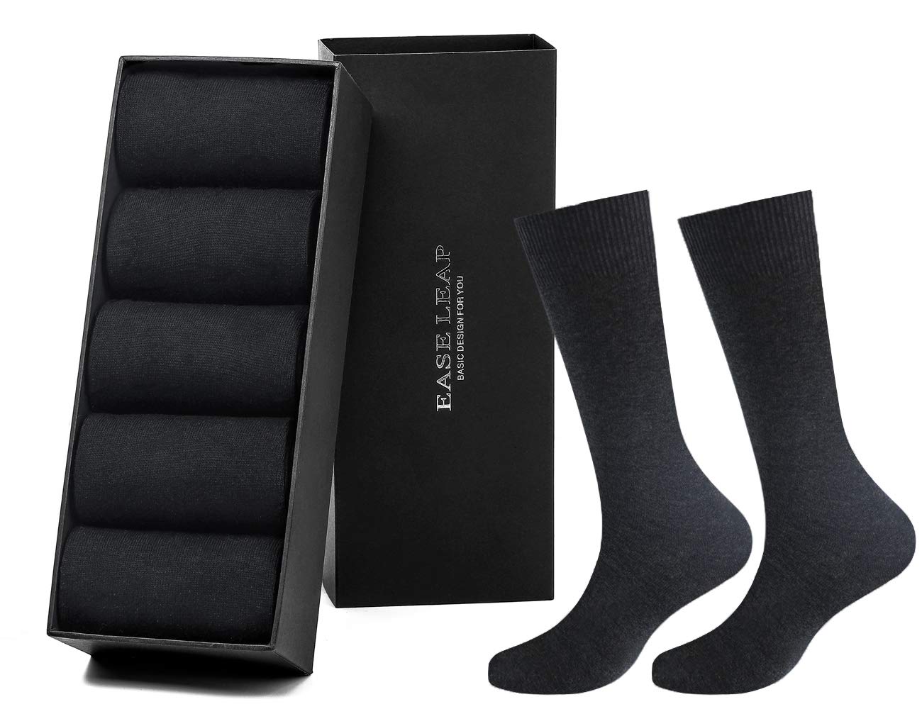 5 Pairs Mens Dress Socks Comfortable Cotton Crew Sock Calf High Breathable Formal Socks with Gift Box