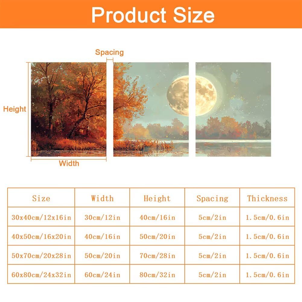 Wandbilder Mond 60x80cm, 3Pcs Leinwand Bilder Groß Wanddeko Wohnzimmer, Herbst Leinwand Bilder mit Rahmen, Moderne Wandbilder Wohnzimmer Poster Set mit Haken, Wanddeko Schlafzimmer Poster Set, -1954
