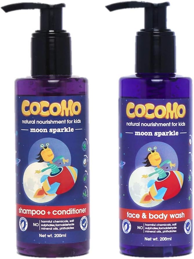 Cocomo Natural Top To Toe Wash for Kids: Shampoo + Body Wash - Paraben & Sulfate Free - Contains Coconut Oil, Olive Oil, Neem & Aloe Vera (Moon Sparkle 400 ml combo)