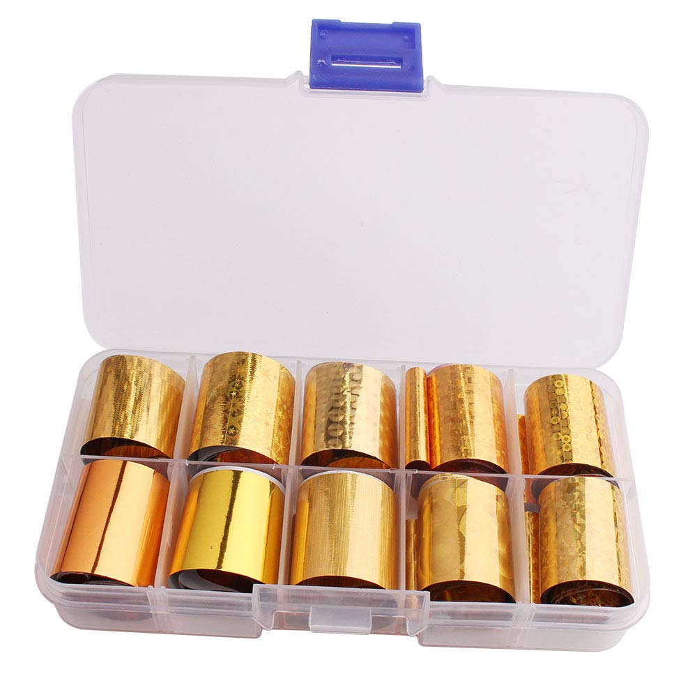 WOKOTO 10 Rolls Gold Foil Nail Art Transfer Stickers Tips Laser Adhesive Nail Wraps Decals Starry Sky Manicure Decoration (0.98inchs*39.4inchs)