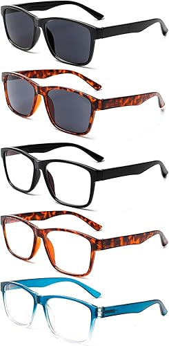 Paquete de 5 lentes de lectura con bloqueo de luz azul, bisagra de resorte con lentes de sol para mujeres y hombres
