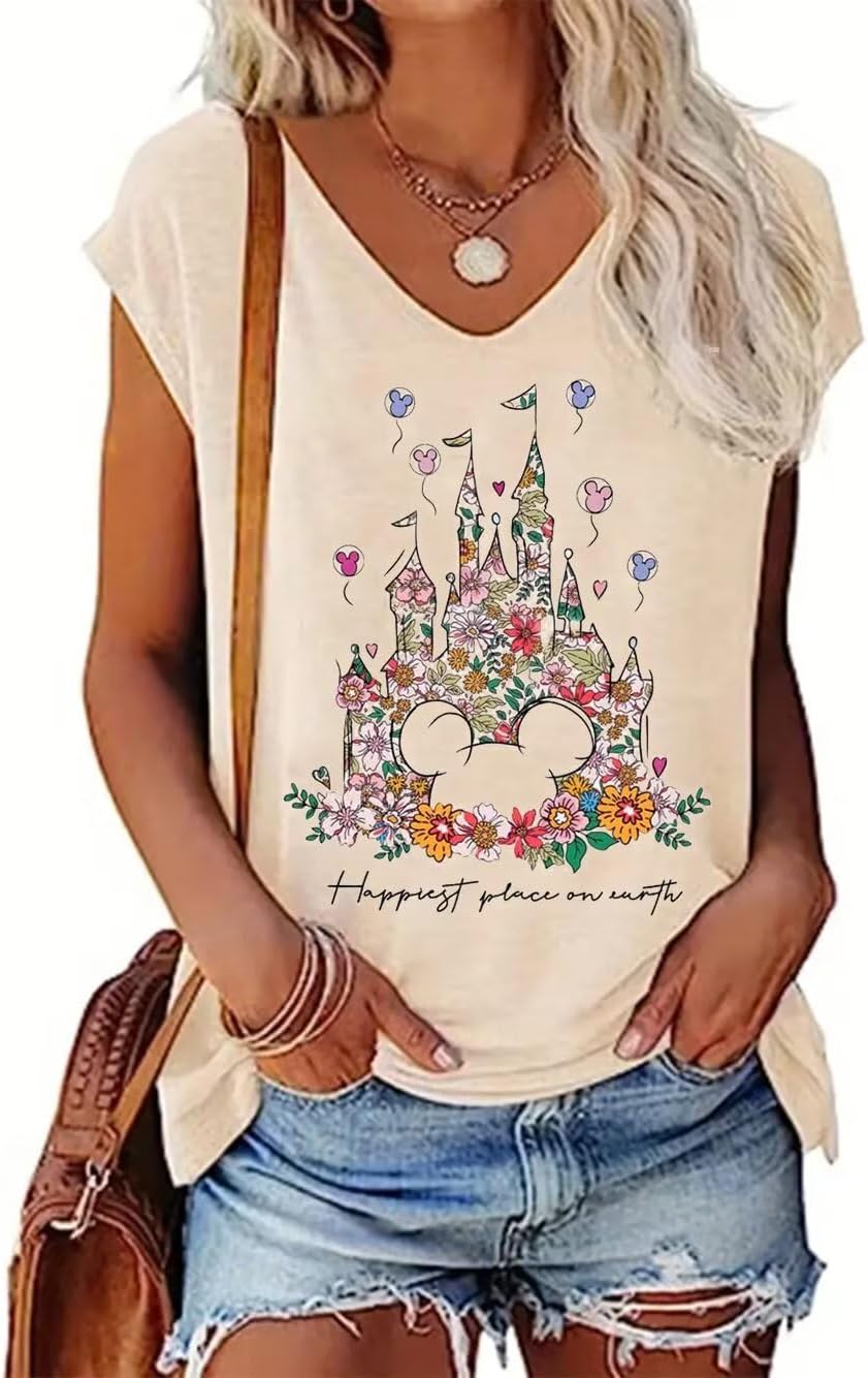 VKEGNIO Magical Tank Tops for Women Cute Graphic Printed V-Neck Tee Casual Summer Family Vacation Sleeveless Shirt Tops