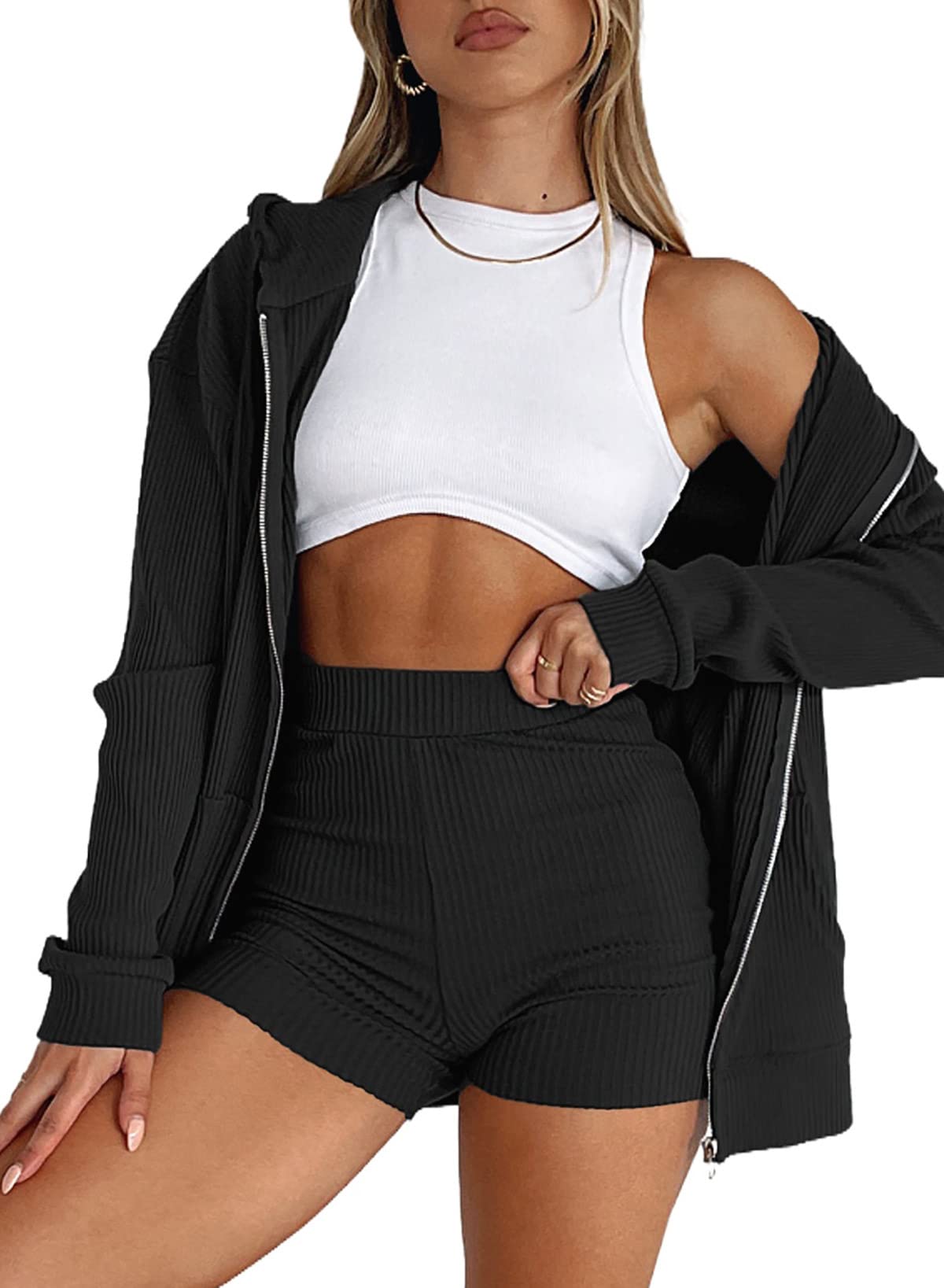 Photo 1 of Aleumdr Short Sets Women 2 Piece Y2K Outfits Tracksuit Zipper Long Sleeve Top and Shorts Nightwear Trendy Lounge Set XL Black