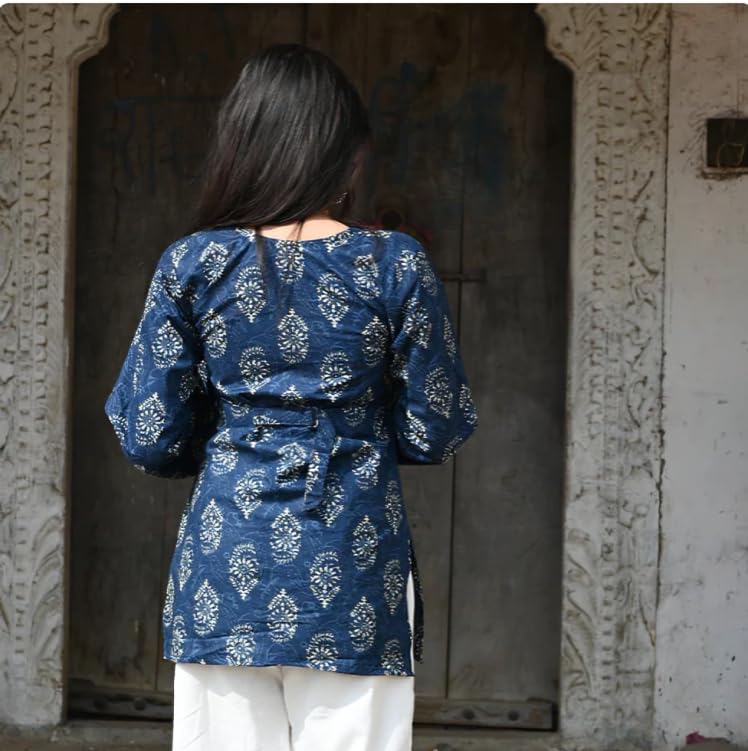 Image of Women Pure Cotton Floral Printed Short Kurti | Square Neck | Full Sleeves | Stylish Ethnic Kurta | Back Tie-Up | Casual Wear Kurta