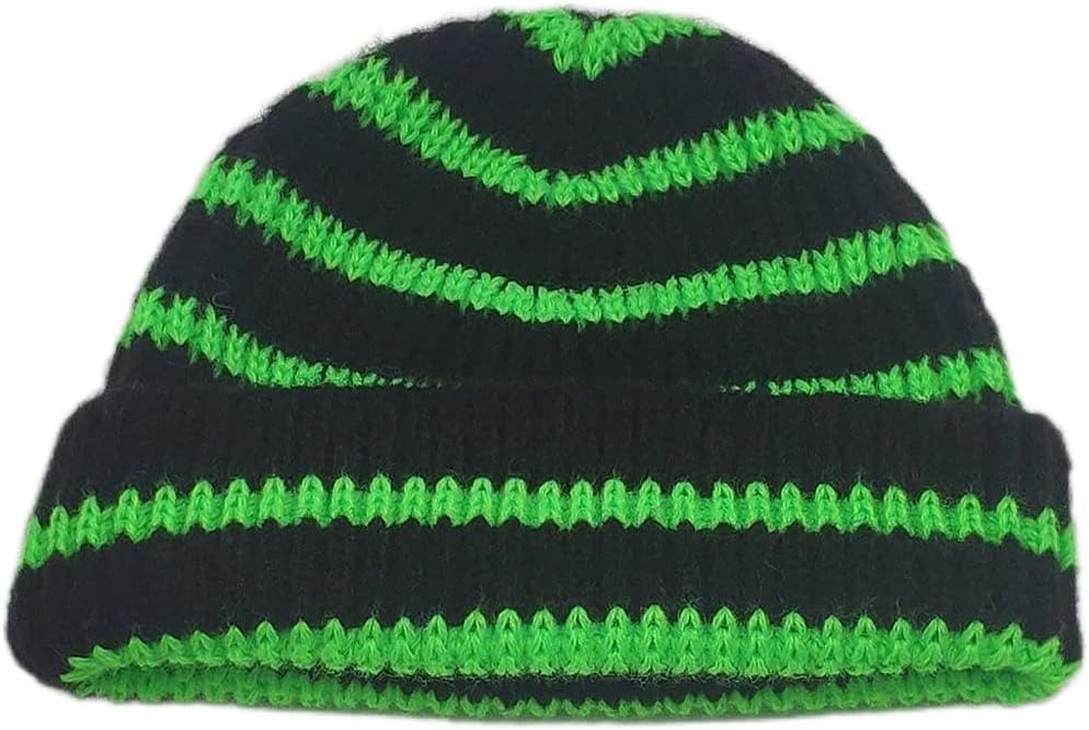 VIDI Short Knitted Striped Hat Winter Beanies for Ladies Men Warm Cuff Cap Lime Green Hot