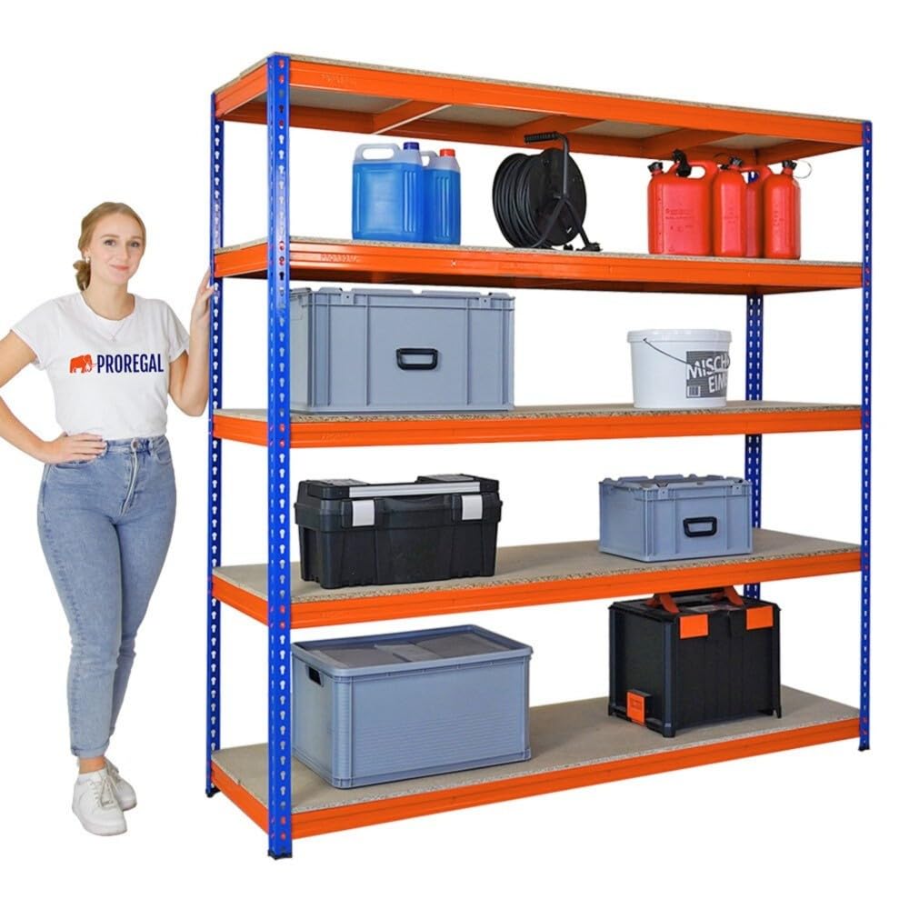 PROREGAL Mega Deal 2X Profi Schwerlastregal Bison, HxBxT 200x200x60cm mit Fachlast 600kg, 5 Fachböden, Blau-Orange, Steckregal Garagenregal Lagerregal Werkstattregal Weitspannregal