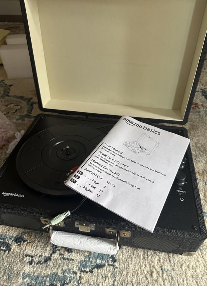 Amazon Basics Portable Suitcase Vinyl Turntable Record Player with Built-in Speakers and Bluetooth, Supports 3-Speed, Black