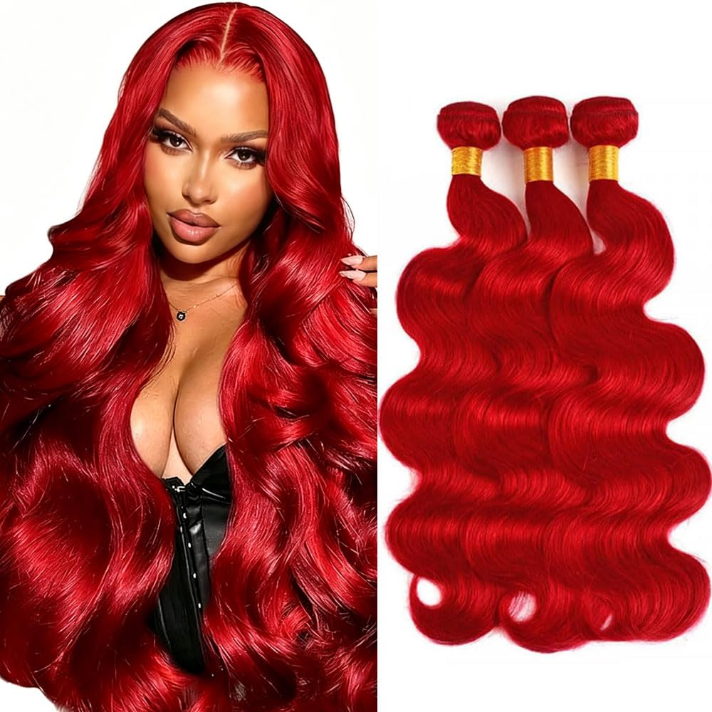 28 30 32 Inch Raivide Red Bundle Braight Red Body Wave Human Hair Bundles Unprocessed Virgin Hair Weave Bundles 150G Burgundy Culy Bundle