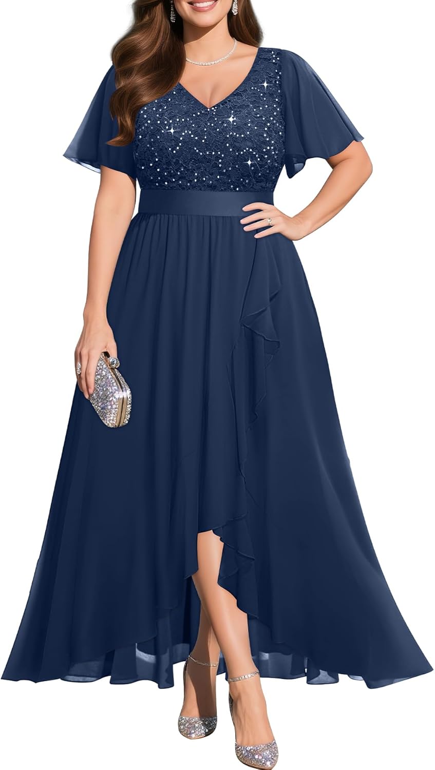 Pinup Fashion Plus Size Formal Dress - Evening Wedding Guest Cocktail Sequin Chiffon Long Dresses with Slit