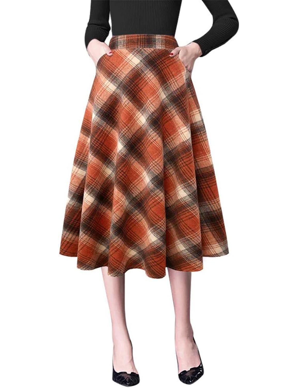 IDEALSANXUN Plaid Skirts for Womens Fall Winter High Waist Aline Pleated Midi Skirts, Orange, XL
