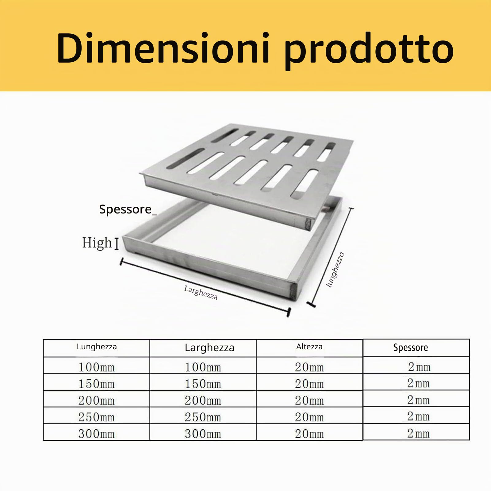 Griglia di Scarico con Telaio,Canaletta Scolo Acqua Piovana,Quadrato,in Acciaio Inox 304,per Scarico a Pavimento Spessore 2mm (argenteo,100x100x20mm)