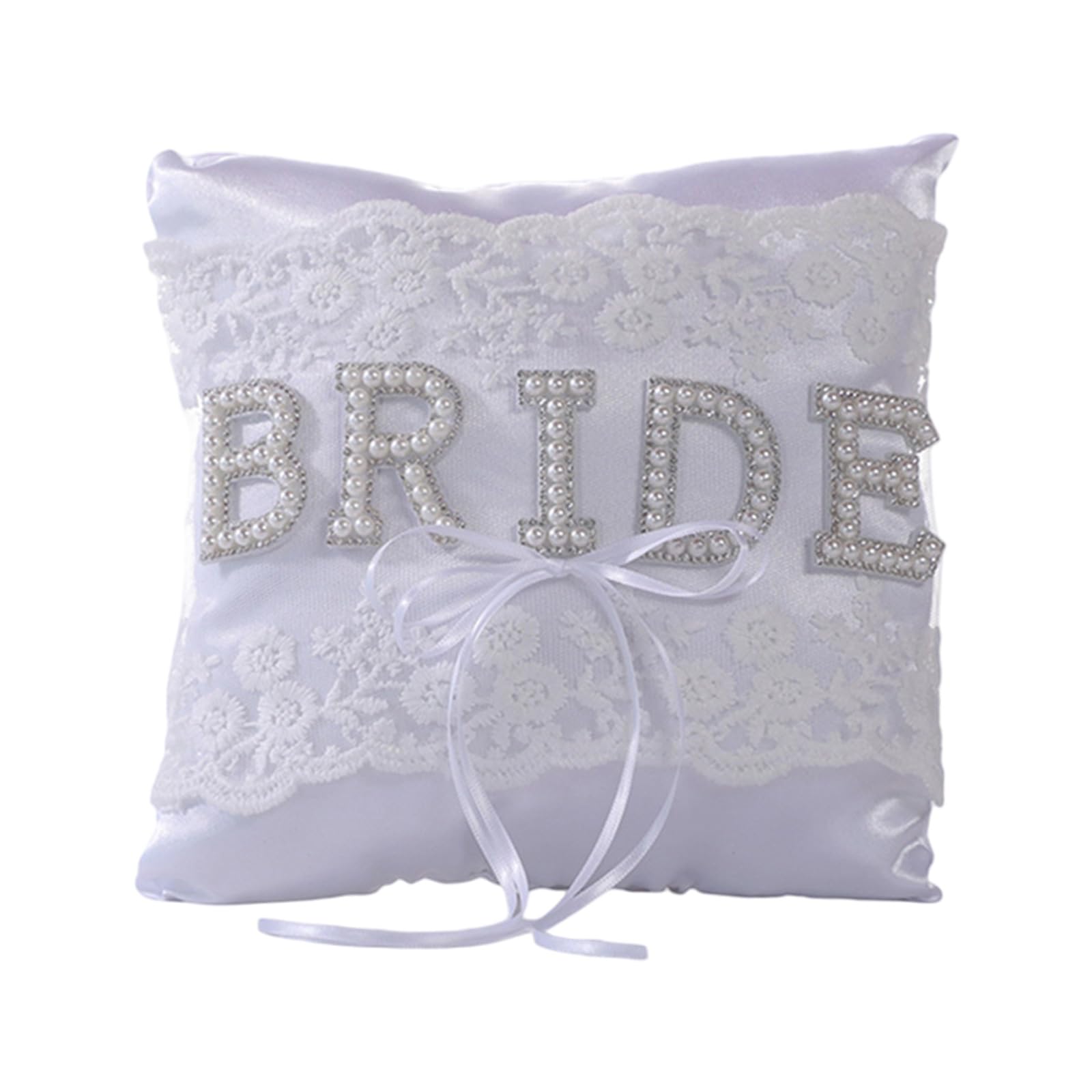 Elnwnnkc Wedding Rings Pillow with Satined and Pearls Decors Lace Rings Holder Cushion for Engagement Ceremonies Anniversary Wedding Ceremony
