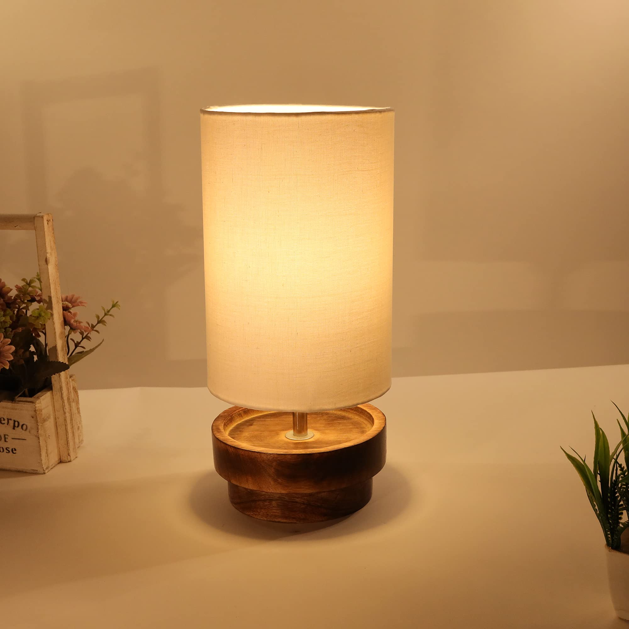 Homesake Modern Zen Wooden Lampshade Nightstand Lamps, Antique Base E27 Creative Reading Bedside Lamps Ideal for Bedroom (Concentric, Beige)-picture-11