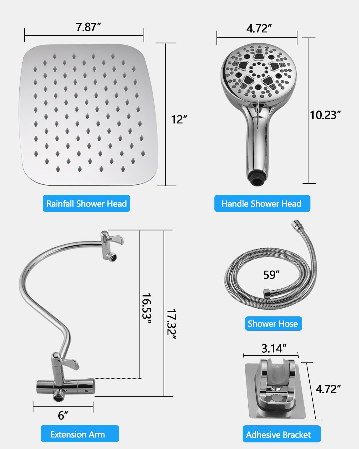 PDPBATH Deszczownica z ręcznym opryskiwaczem, w całości z metalu, 30 cm, wysokociśnieniowa głowica prysznicowa z zakrzywionym ramieniem 40 cm, wbudowany 3-drożny falownik, chromowana