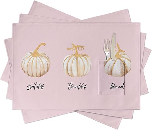Miniatura 1 de Thanksgiving Blush Pink Table Placemats for Dining Table Set of 4,Cotton Linen Cloth Kitchen Place Mats with Pocket,SquareRectangleRoundOblong