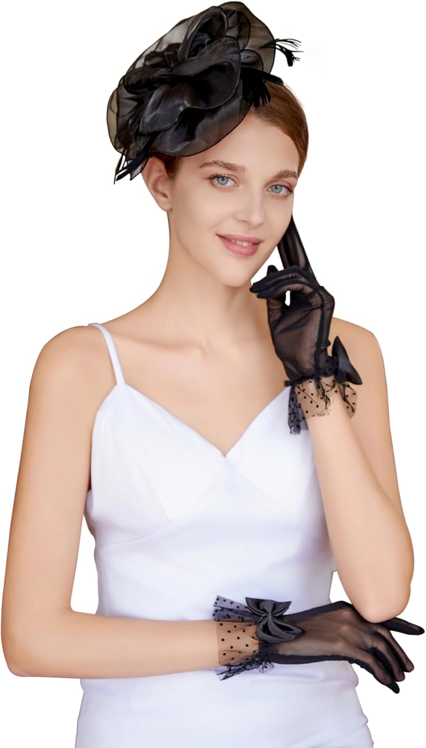 Fascinators Hat Flower Mesh Feathers Headband Derby Hat Clip Tea Party Headwear and Lace Gloves with Bows for Women