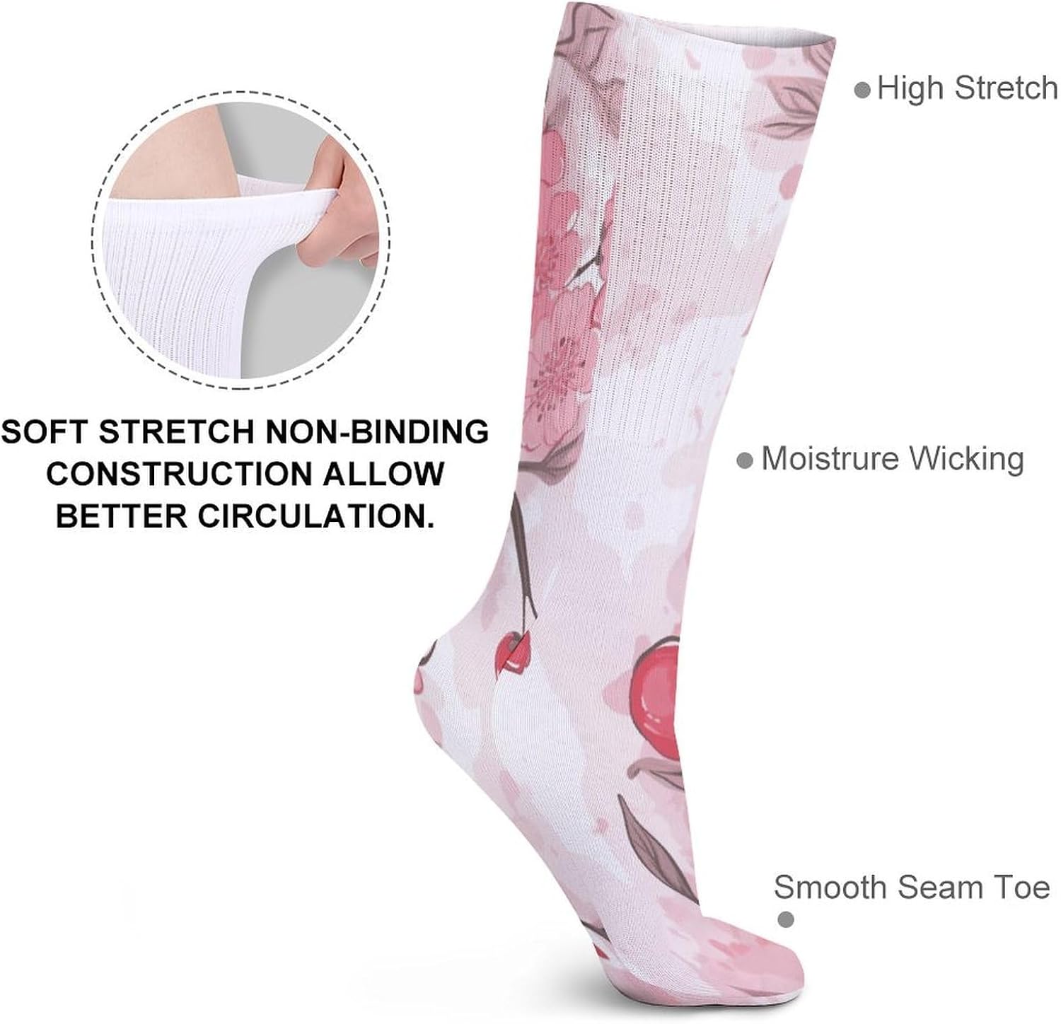 Pink Cherry Floral Crew Socks Cozy Casual Calf Socks Lightweight Long Work Sock Breathable Athletic Sock for Hiking Sports Running 5 Pairs