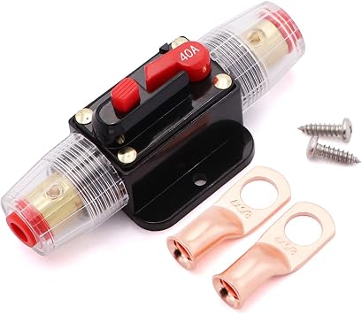 40A Audio Inline Circuit Breaker Reset Fuse 12V-24V DC, Auto Fuse Holder 8awg 40 amp for Car Audio Stereo Switch and Solar Inverter System, with Tubular Ring Terminals 4 * 3/8 AWG