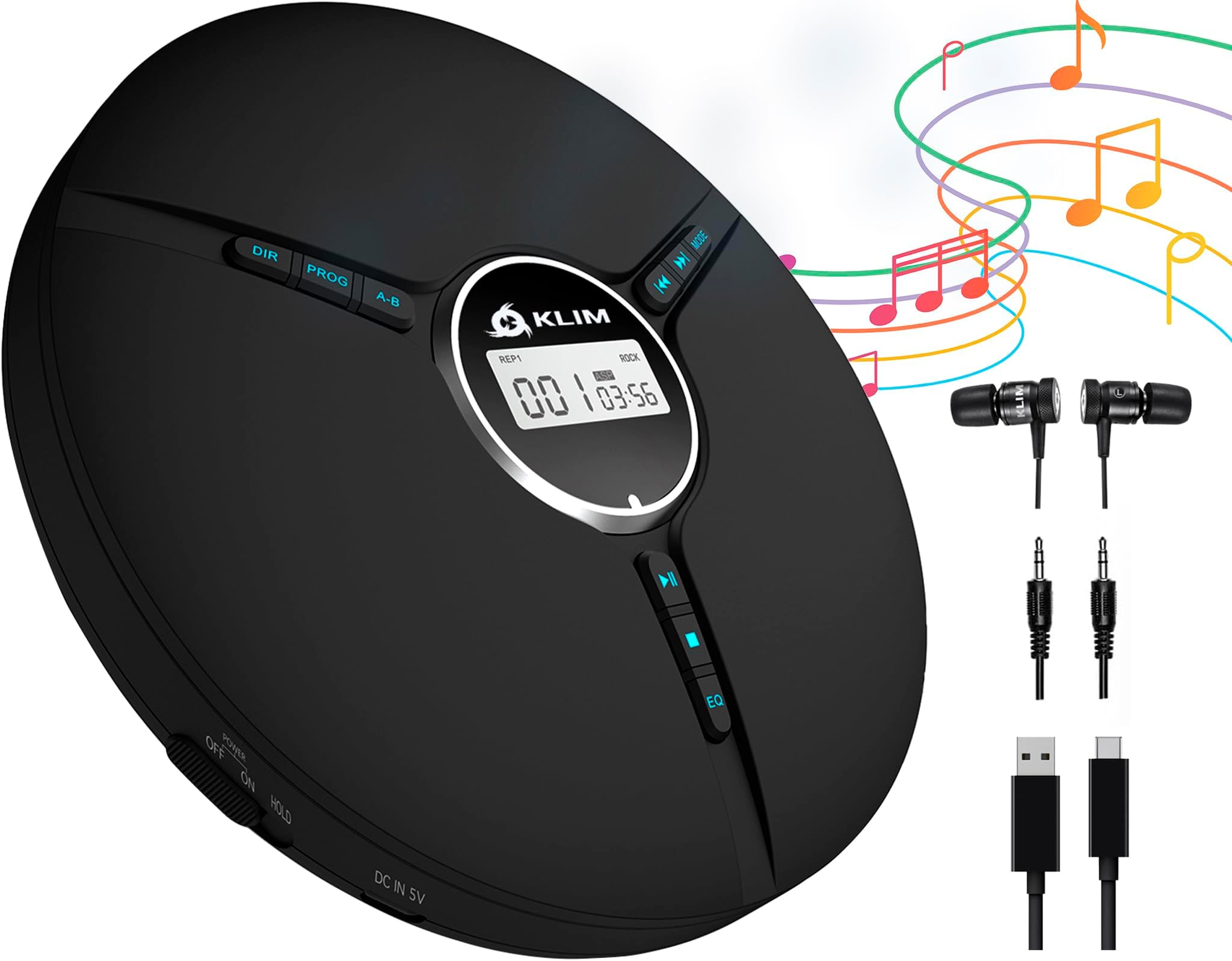 KLIM Discman Portable CD Player with Headphones, Built-in Battery - New Version - CD Players for Home, Car - Compatible w/SD Card, CD-R, CD-RW, MP3, WMA - 5 EQ Effects - Black