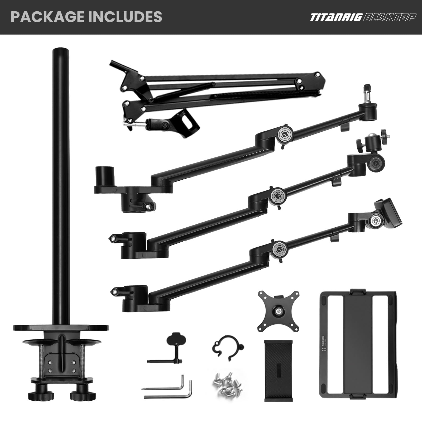 TARION Supporto Fotocamera da Tavolo con Braccio: Supporto DSLR Morsetto Flessibile da Tavolo con Bracci Snodato per Anello Luminoso Microfono Fotografia Video Streaming Titanrig Desktop