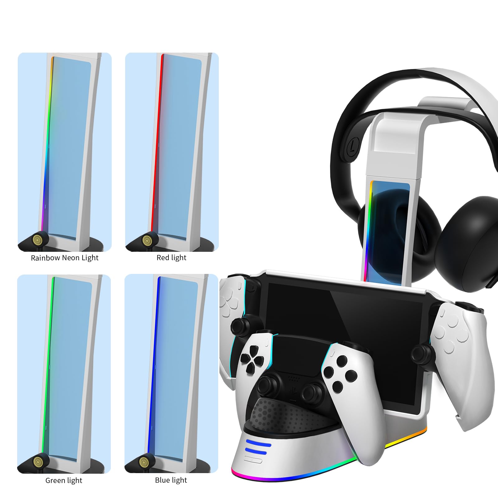 Estación de Carga portátil con Soporte para Auriculares para Controlador PS5 Soporte de Carga Luz RGB Indicador de Carga para Consola de Juegos Portal