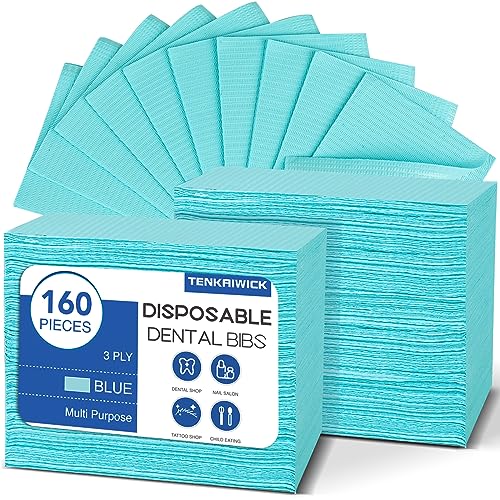 160 Pack Disposable Dental Bibs 13"x18", 3-Ply Waterproof Tattoo Bibs Sheet for Nail Salon, Dental Clinic, Feeding, Tattoo Shop (Blue)