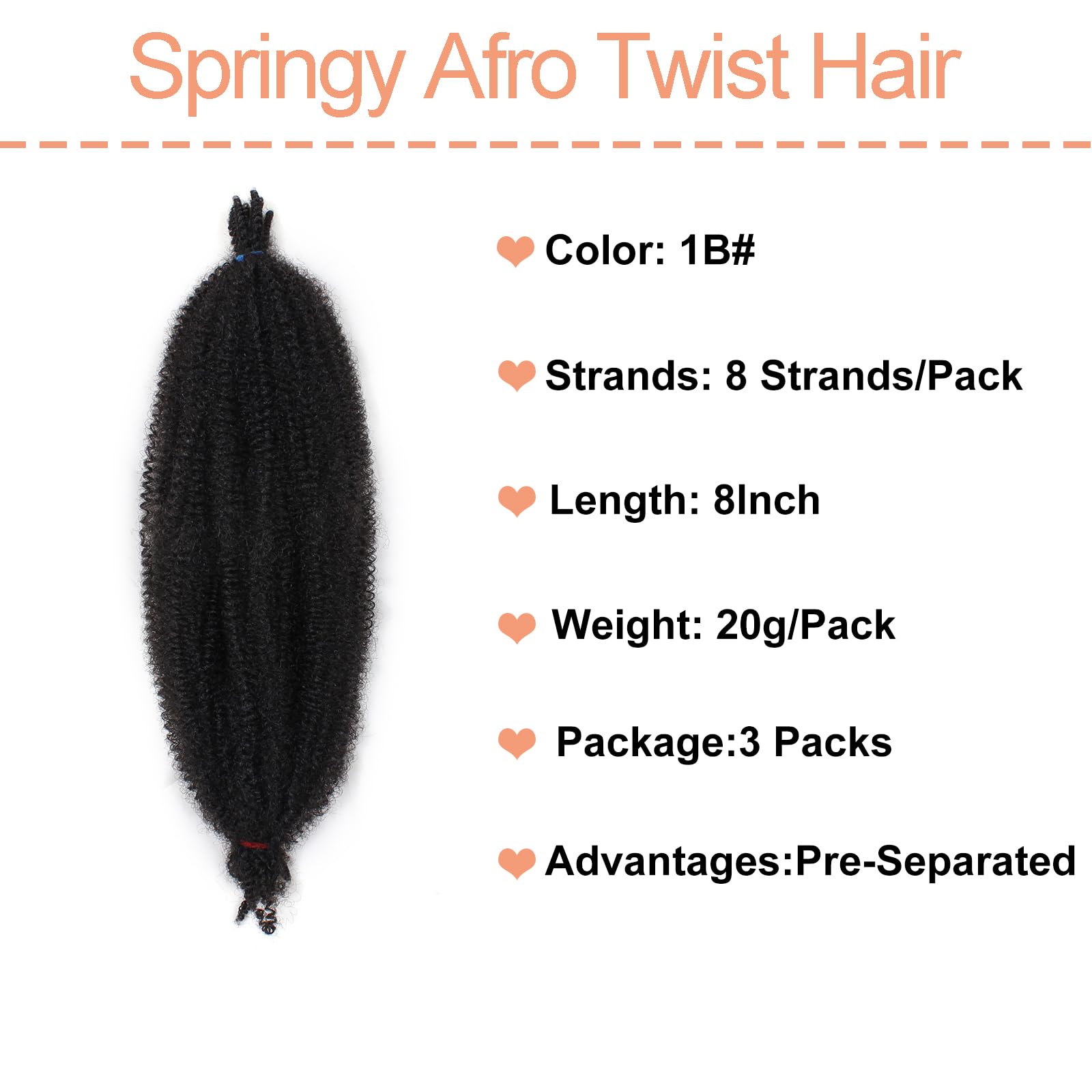 Mscat 8 Inch Pre-Separated Springy Afro Twist Hair 3 Packs Marley Twist Crochet Braiding Synthetic Hair Extensions (8 Strands/Pack,1B#) - Image 2