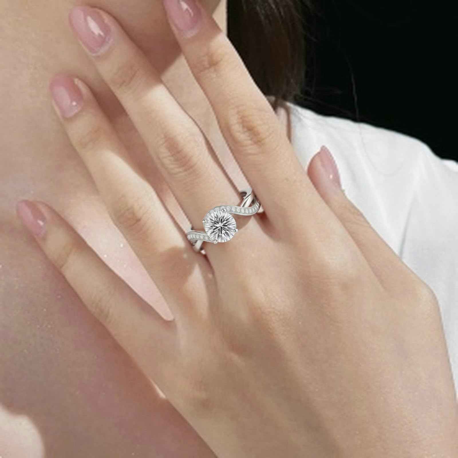 Anillo de oro blanco para mujer, 9 K, 14 K, 18 K, oro blanco, anillo de promesa trenzado con moissanite