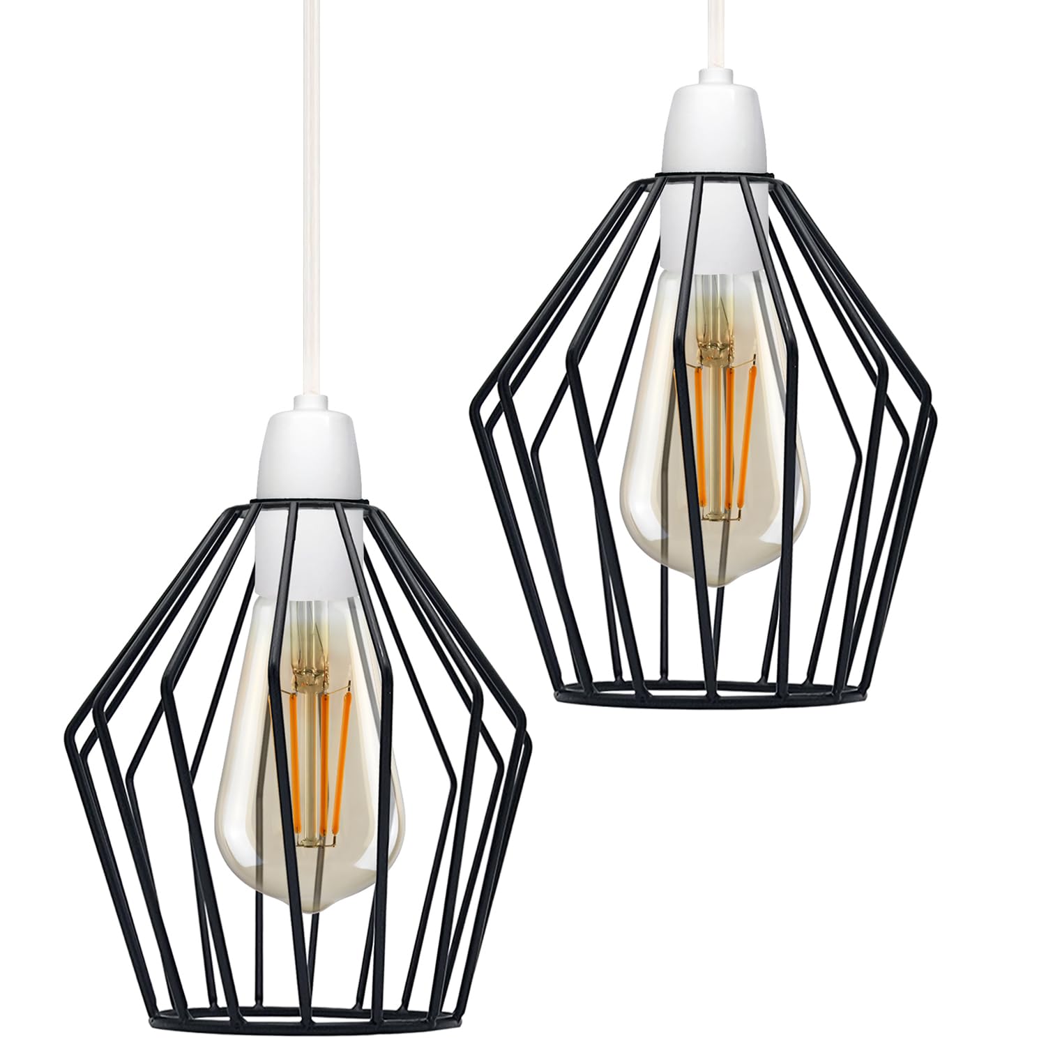 DC VOLTAGE 2 Pack Wire Cage Lamp Shade 19cm Metal Easy Fit Vintage E27 Light Indoor Geometric Bulb Guards Wrought Iron Ceiling Fitting Light for Kitchen Living Room Bedroom.
