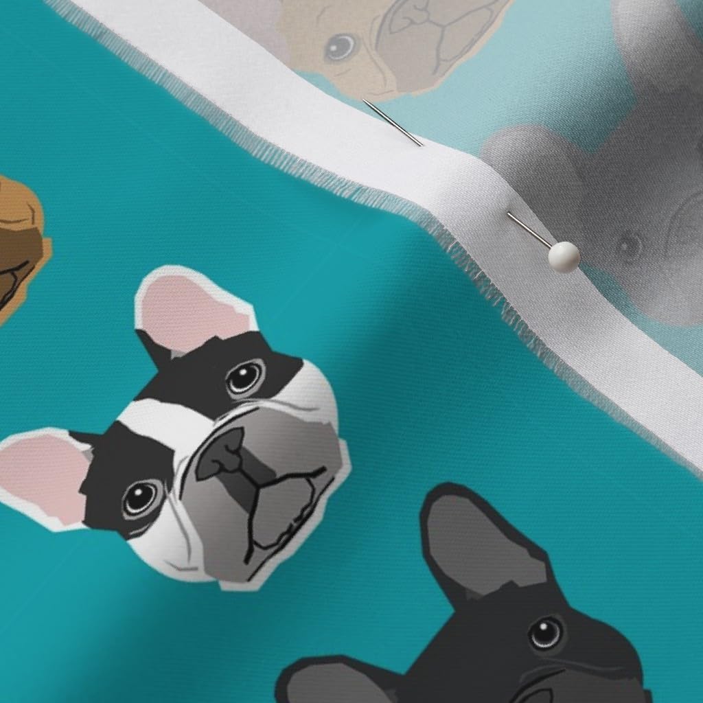 Spoonflower Fabric - French Bulldog Dogs Faces Head Cute Turquoise Best Frenchie Breed Printed on Organic Cotton Sateen Fabric by The Yard - Sewing Quilting Apparel Home Decor