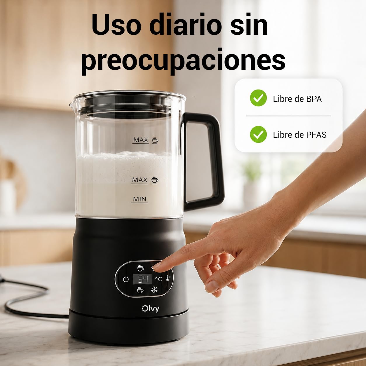 Olvy Espumador de Leche Eléctrico 500W 3en1 Caliente Frío Calentamiento Negro